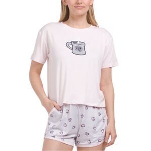 Life is Good Light Pink Navy Coffee Cup Graphic Short Sleeve Top & Shorts PJ Set